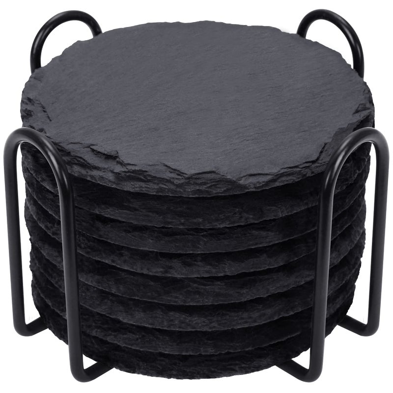 GOH DODD Slate Drink Coasters with Metal Holder, GOH DODD Set of 8 Black Coasters, 4 Inch Stone Coaster Set Tabletop Protection for Home Kitchen Apartment Bar Decor Housewarming Gifts Wedding Party, Round - Image 1
